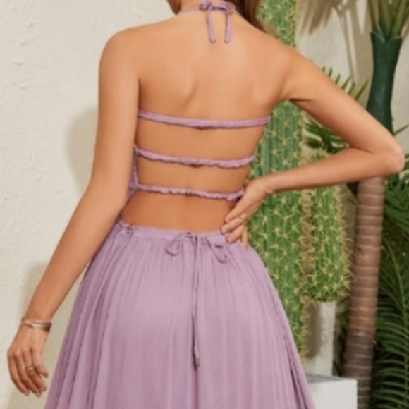 Lavender Lilac Long Gauze Boho Maxi Dress Tiered Flowy Bohemian Beach Vacation - Picture 10 of 15